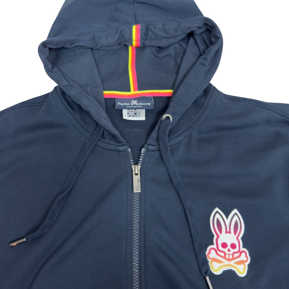Psycho Bunny Full Zip Hoodie Mens L Navy Blue Neon Gradient Logo Heavy Weight - Picture 5 of 9